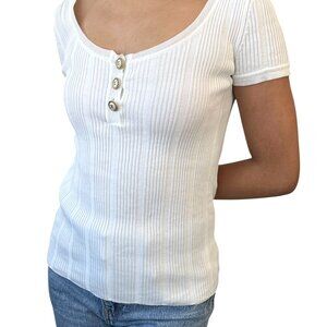CHANEL Vintage 07P CC Logo Knit Top Button Short Sleeve #38 White Gold [105639]